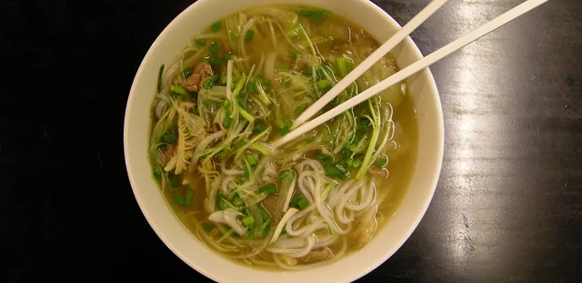 Bowl of Vietnamese beef pho noodle soup served in Ho Chi Minh City